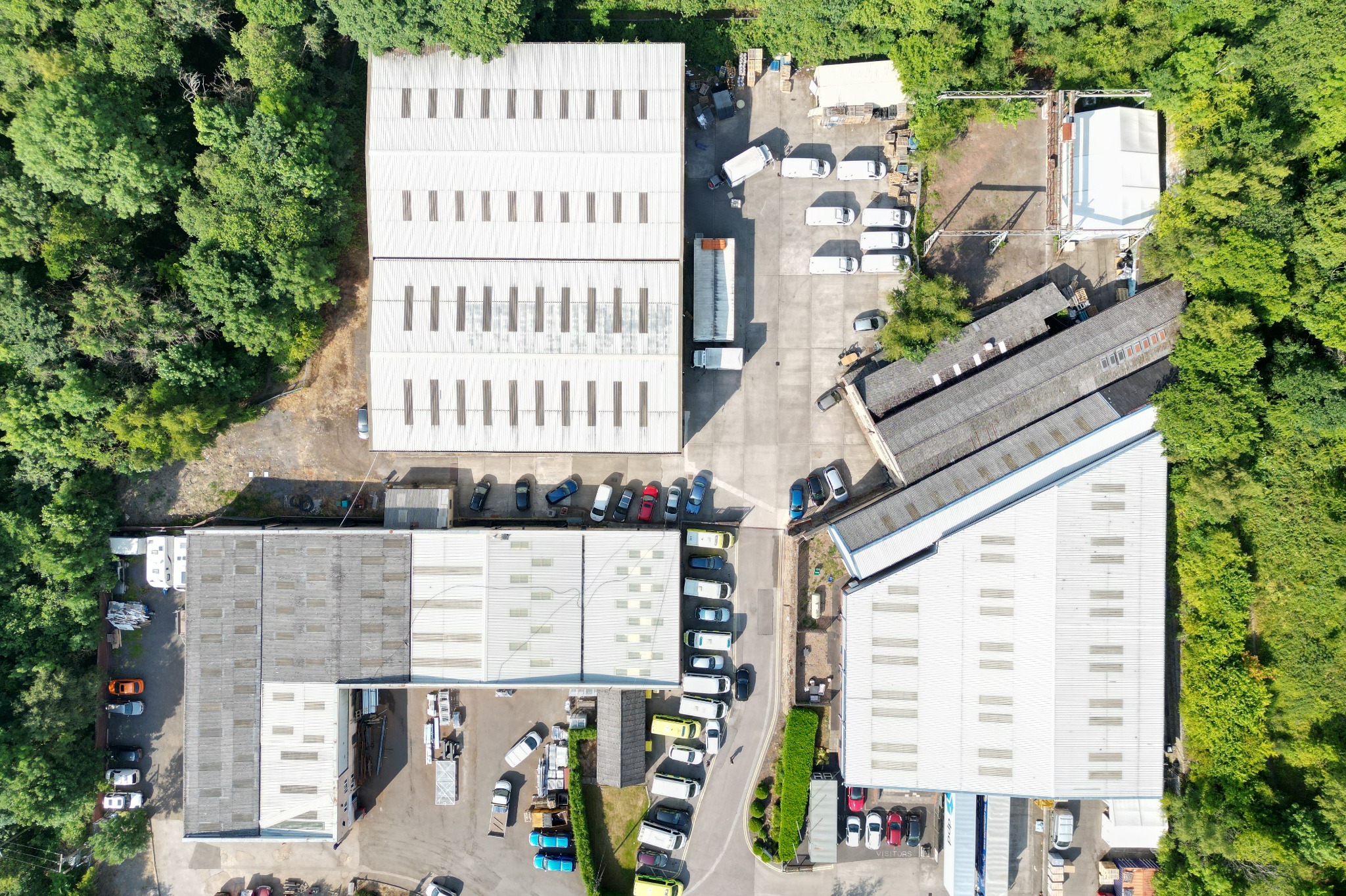 Overhead view of buildings, yards and trees at Strafford Industrial Park